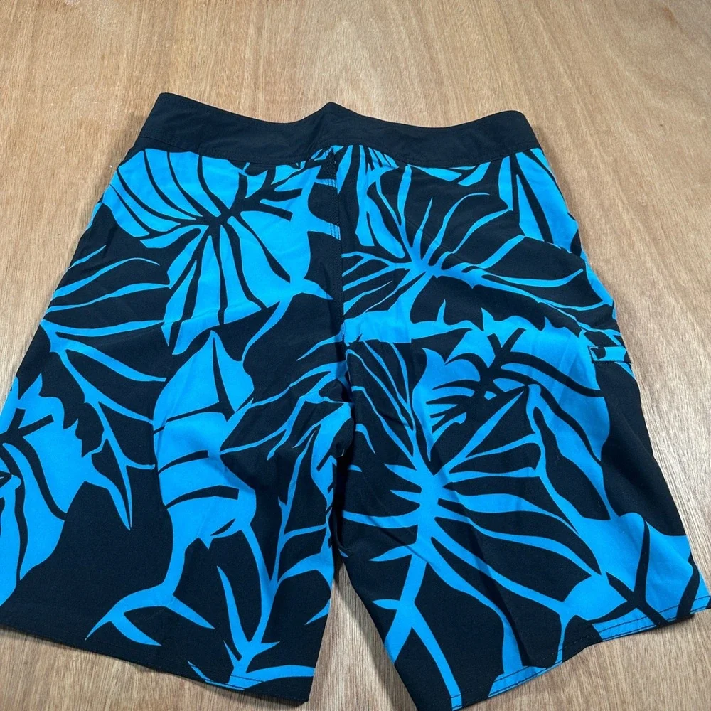 Coastal DNA Board Shorts Mens 32 Black Blue Tropical Palm Leaf 4-Way Stretch